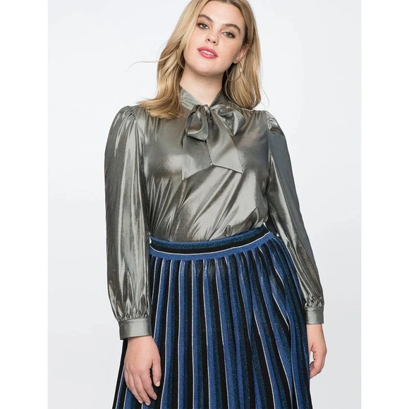 ELOQUII Women's Silver Gold Bronze Metallic Bow Long Sleeve Blouse Size 20 NWT - Picture 1 of 10